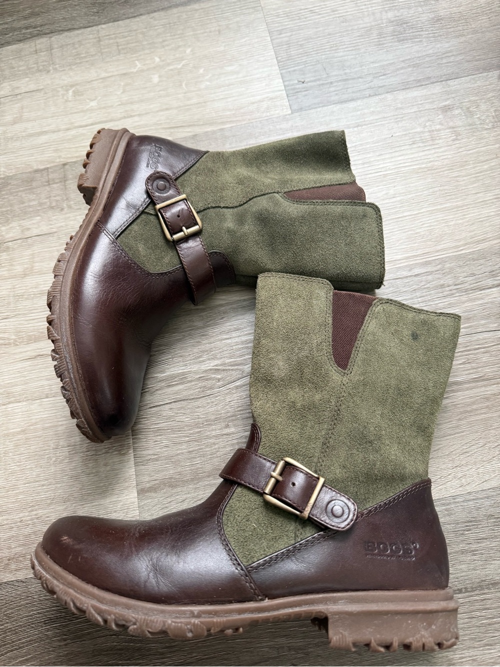 Bogs Olive Green Suede & Brown Leather Ankle Boots with Buckle